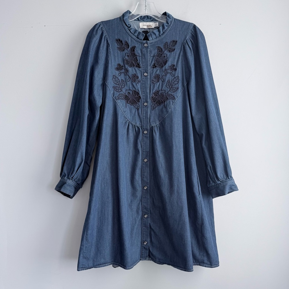 Coach Embroidered Denim Dress Blue Size 12 Made In Italy Snap Button Closure - Picture 5 of 16